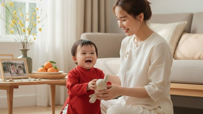 Không gian Tết tinh gọn giúp mẹ bỉm có thêm thời gian nghỉ ngơi và vui đùa cùng con