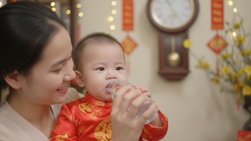 Mẹ bỉm cho bé uống đủ nước và nghỉ ngơi trong dịp Tết