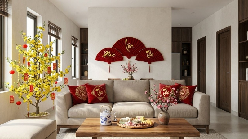 Bình hoa gốm và khay bánh kẹo trang trí Tết phong cách tối giản