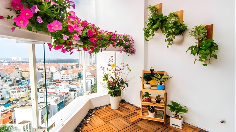 Đặt chậu hoa nhỏ sát tường trang trí ban công diện tích hẹp cho ngày Tết