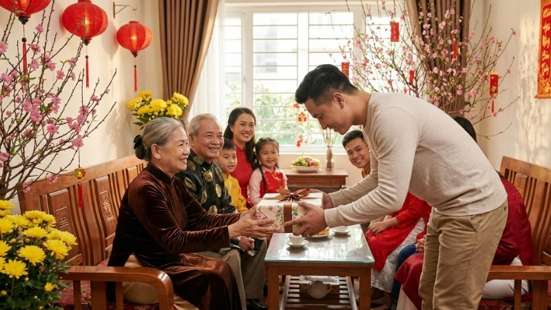 Biếu quà Tết cho người lớn tuổi bằng hai tay, thể hiện sự kính trọng