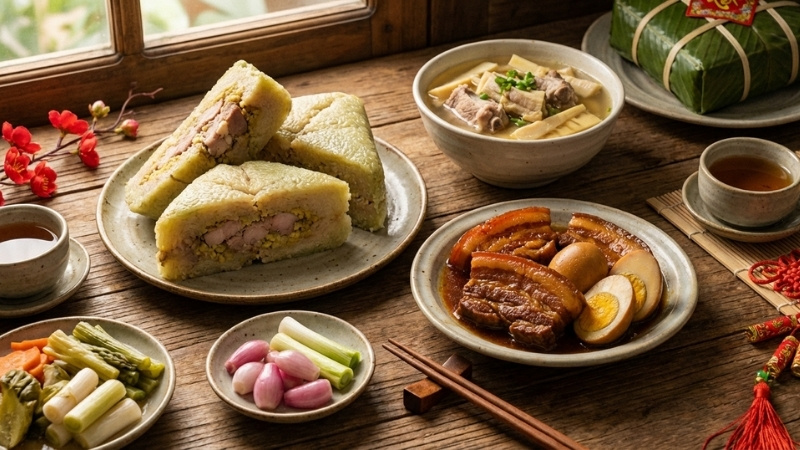 Thực đơn tiệc Tết tại nhà truyền thống với bánh chưng, thịt kho trứng