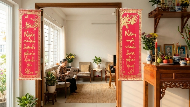 Câu đối Tết Bính Ngọ 2026 treo hai bên cửa chính trong nhà