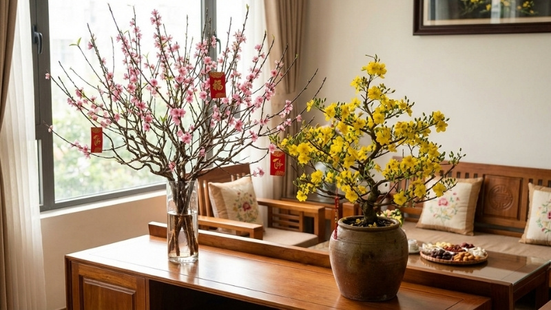 Hoa đào miền Bắc và hoa mai miền Nam là biểu tượng phong tục Tết