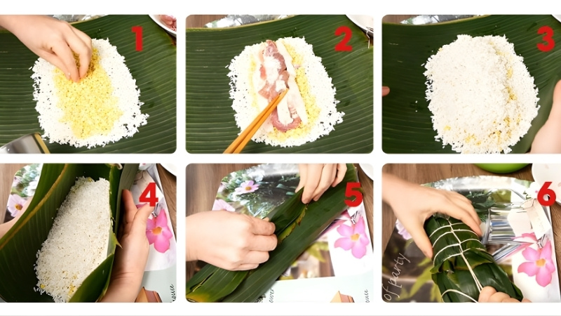 Các bước gói bánh tét cuộn tay