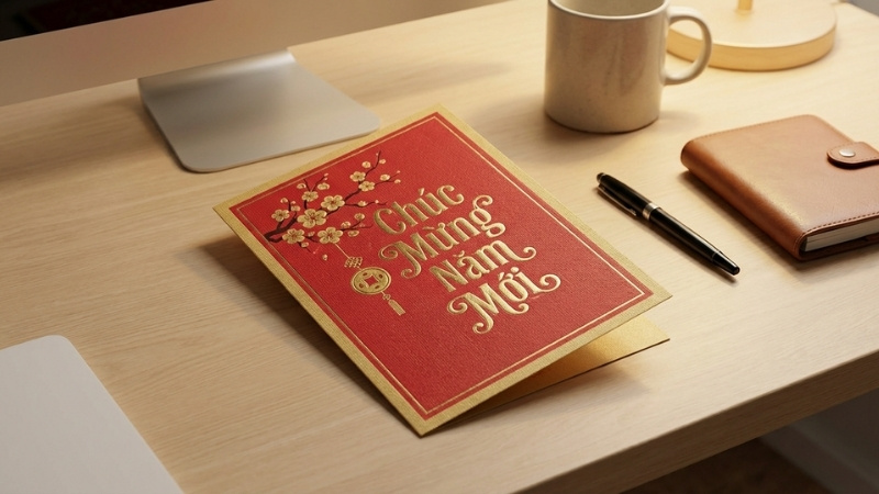 Thiệp chúc Tết sếp công sở 2026 phong cách trang trọng, tối giản