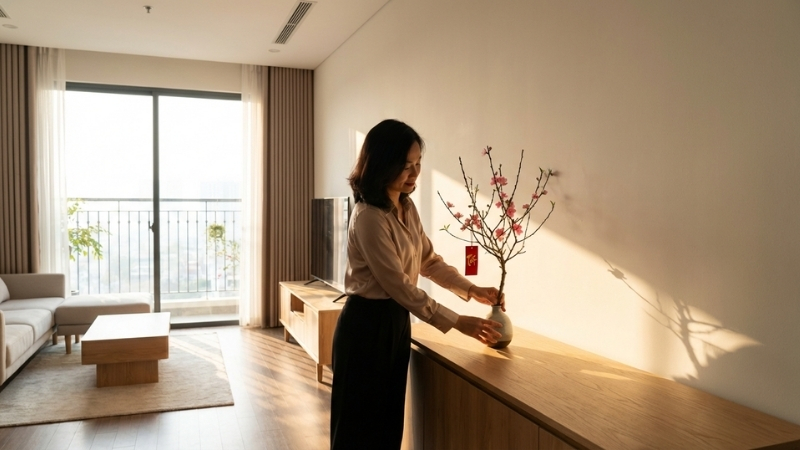 Trang trí Tết 2026 đơn giản theo phong cách ít chi tiết, đúng điểm nhấn