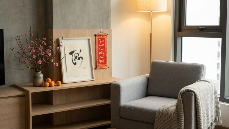 Góc nhà trang trí Tết 2026 truyền thống kết hợp hiện đại