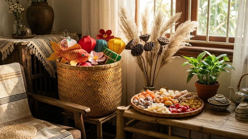 Decor Tết 2026 đơn giản bằng lồng đèn mây tre và khay gỗ giúp nhà ấm cúng