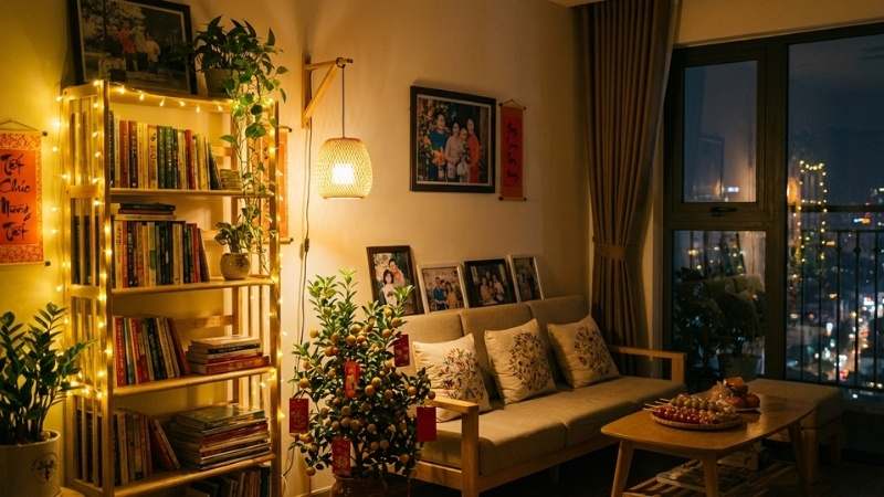 Trang trí Tết 2026 gọn đẹp nhờ ánh sáng vàng ấm trong phòng khách