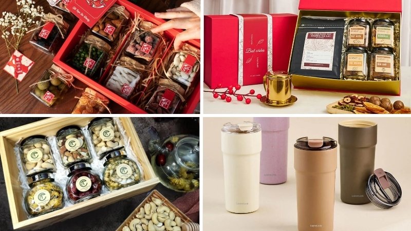 Các món quà Tết an toàn gồm bánh kẹo, trà cà phê, hạt dinh dưỡng, đồ dùng văn phòng