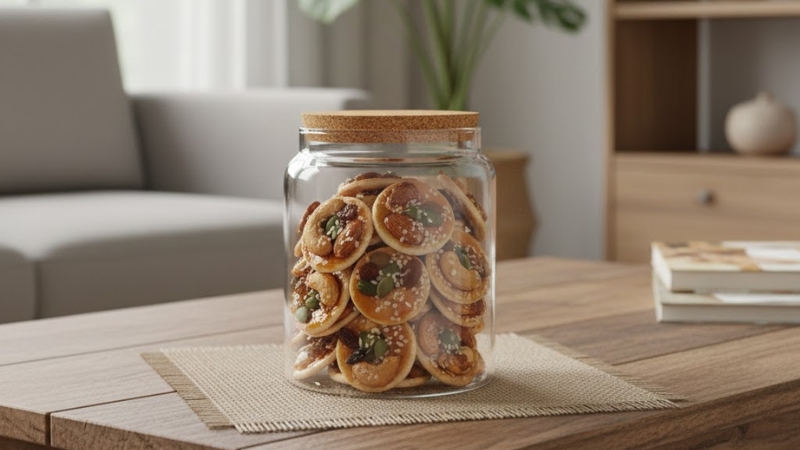 Cho bánh vào hũ thủy tinh giúp bảo quản bánh đồng tiền lâu