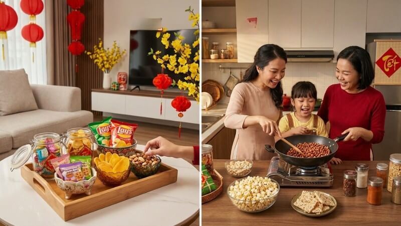 So sánh mua sẵn và làm nhanh snack ngày Tết
