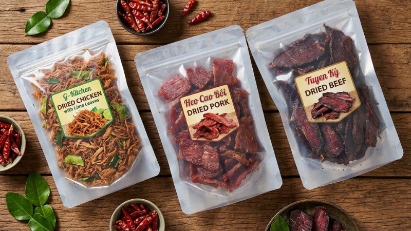 Các loại khô đóng gói bày trên bàn