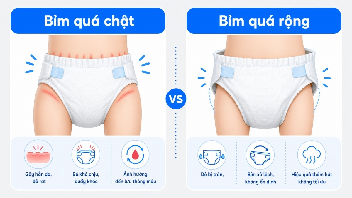 Dấu hiệu chọn bỉm quá chật hoặc quá rộng