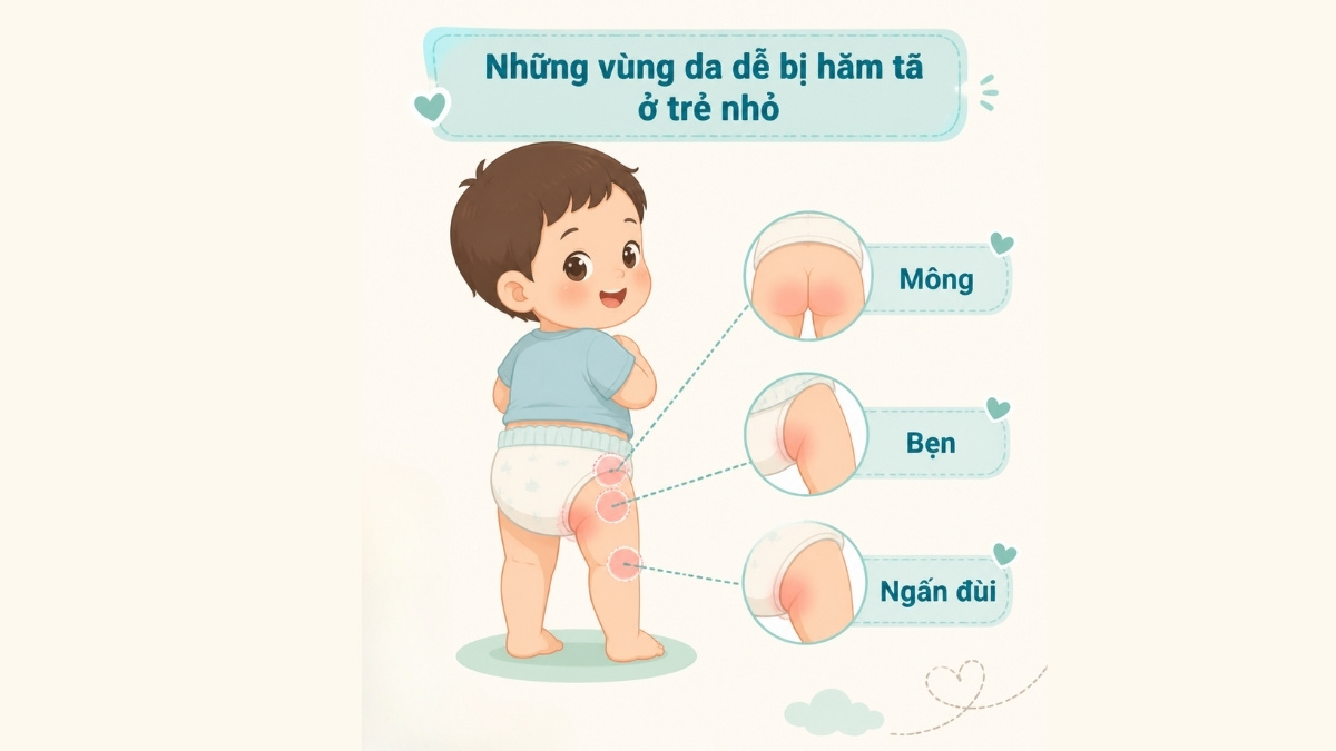Những vùng da dễ bị hăm tã