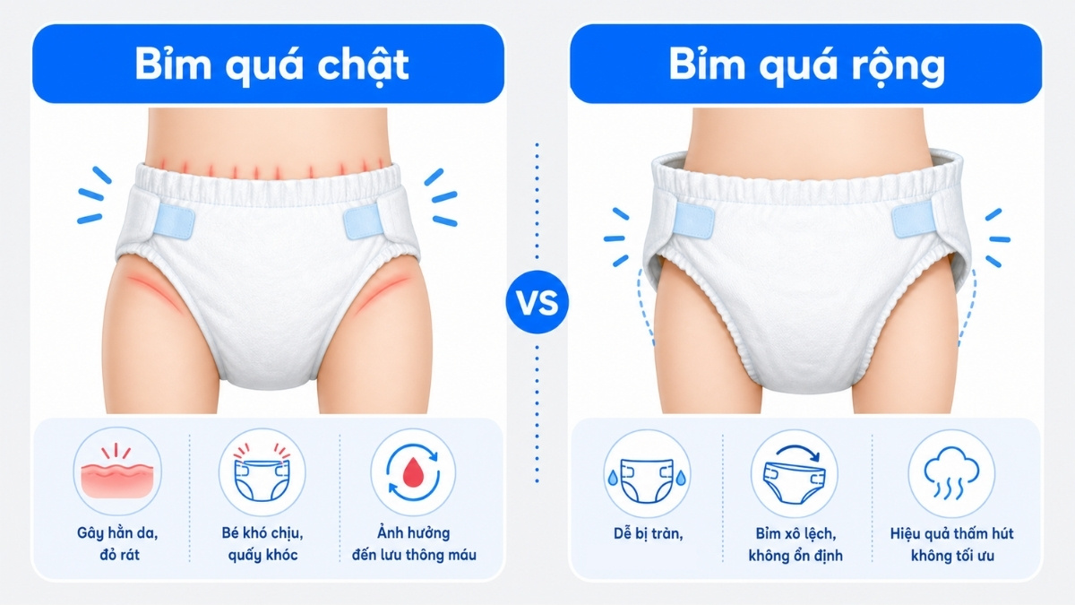 Dấu hiệu nhận biết bỉm quá chật hoặc quá rộng