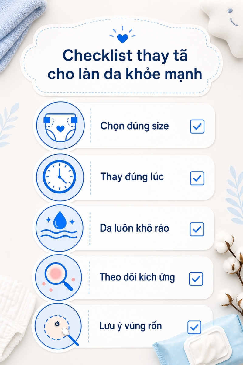 Khi dùng miếng lót hoặc tã dán cho trẻ sơ sinh cần lưu ý