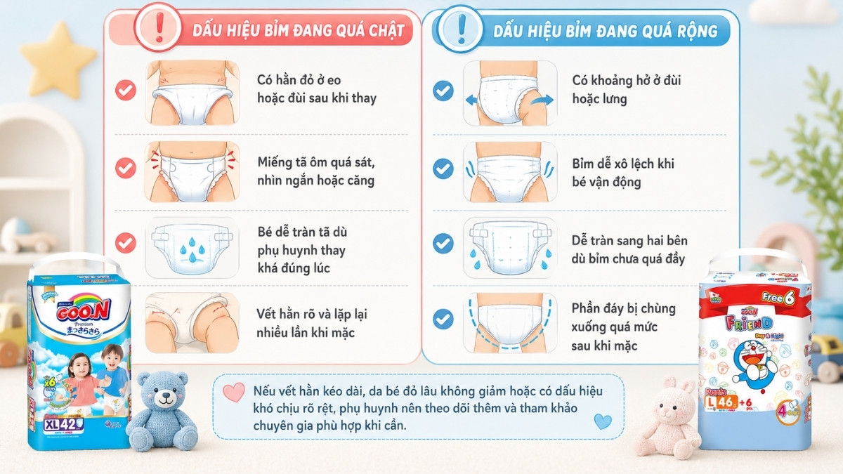 Dấu hiệu bỉm đang quá chật hoặc quá rộng
