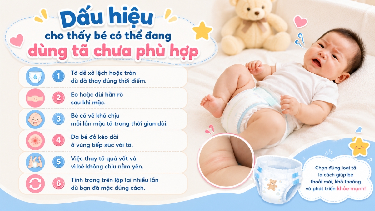 Dấu hiệu cho thấy bé có thể đang dùng tã chưa phù hợp