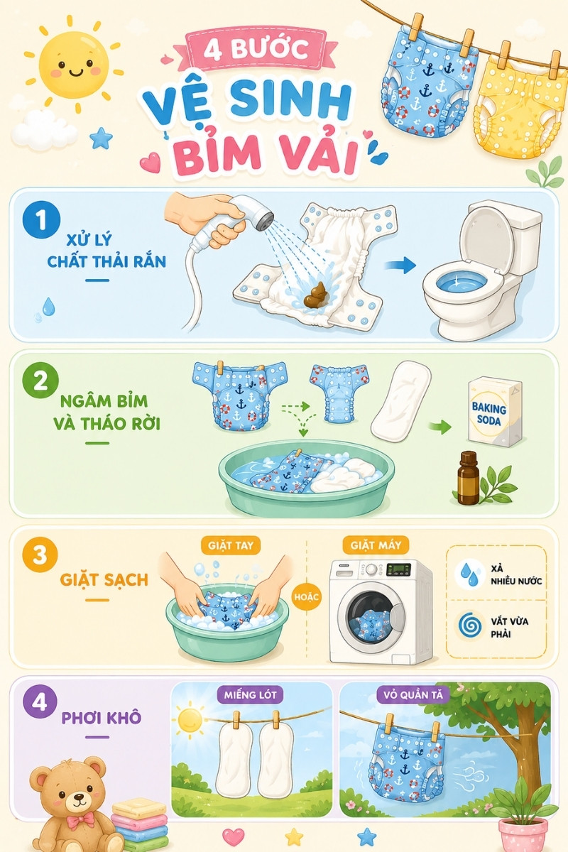 Các bước vệ sinh bỉm vải cho bé