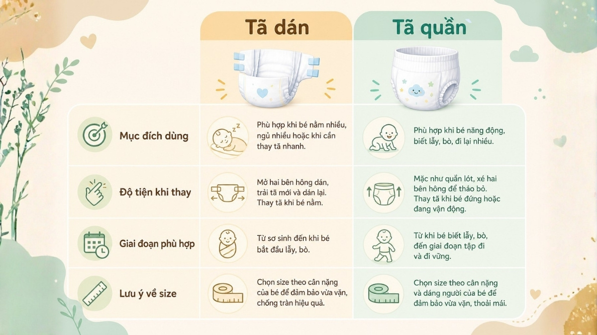 Chọn tã dán hay tã quần sẽ tuỳ vao giai đoạn phát triển của bé