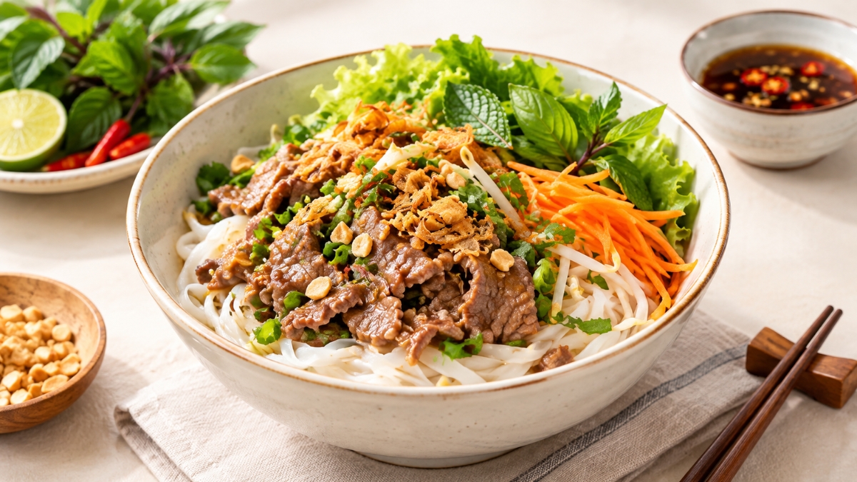 Phở trộn bò kết hợp sợi phở mềm dai, thịt bò đậm đà cùng rau sống giòn mát