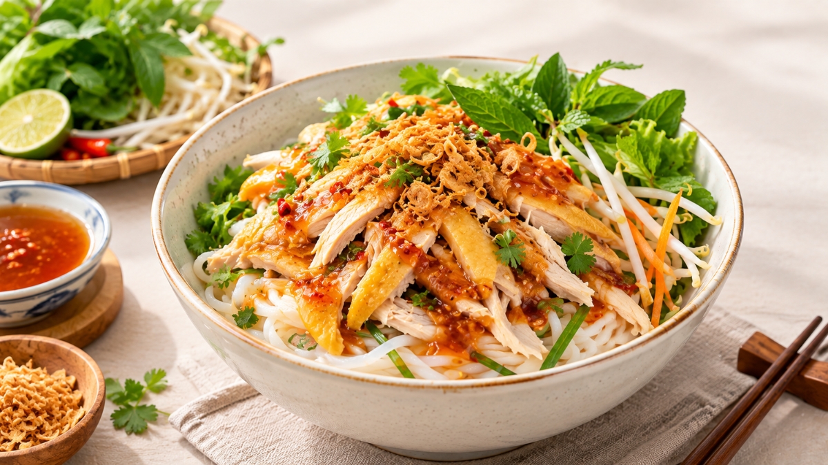 Phở gà trộn có sợi phở mềm dai, thịt gà thơm ngọt kết hợp cùng rau sống
