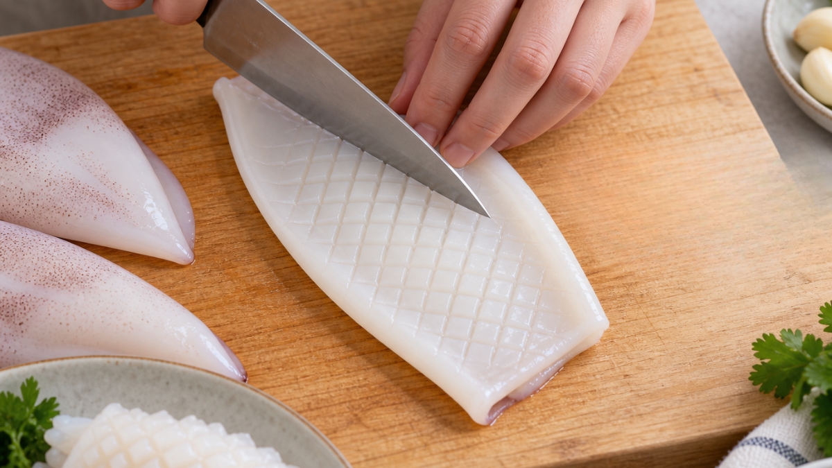 Dùng dao khứa các đường chéo trên mặt trong thân mực