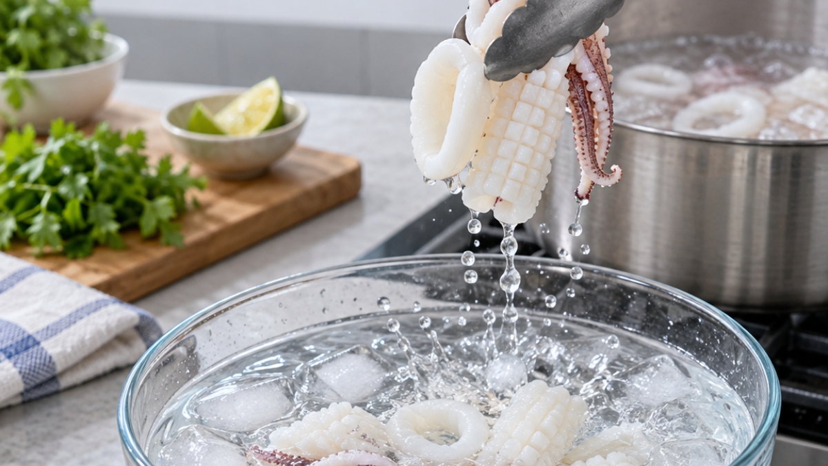 Cho mực đã khứa vảy rồng vào chần khoảng 1 - 2 phút