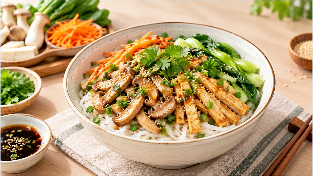 hở trộn chay có vị thanh nhẹ, kết hợp giữa bánh phở mềm, nấm đùi gà dai ngọt
