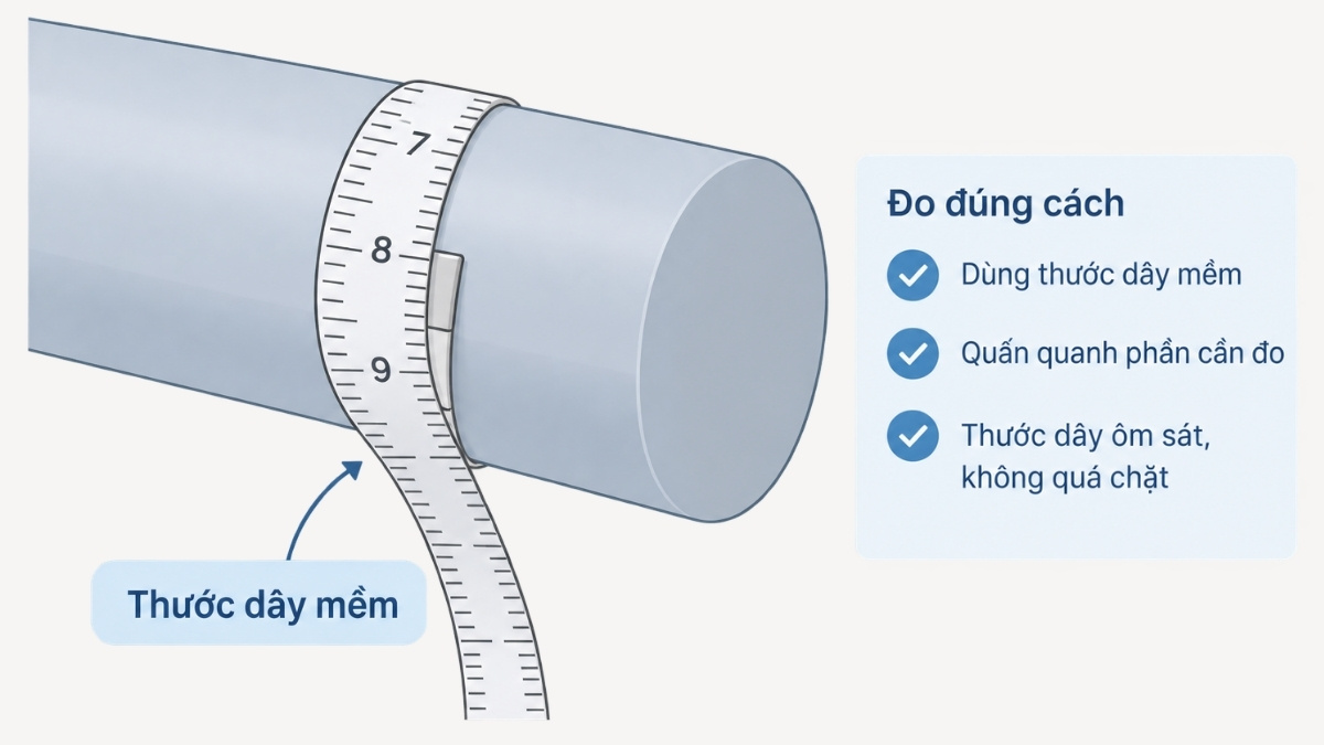 Dùng thước dây mềm quấn nhẹ quanh phần thân có kích thước lớn nhất
